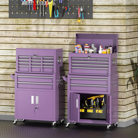 Beefy 8-Drawer Rolling Tool Chest With Detachable Top Box And Locking Wheels, 2-In-1 Steel Cabinet, purple, open drawers in garage