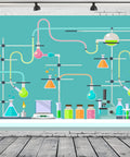 Colorful chemistry lab scene on 7x5ft Science Birthday Backdrop For Mad Scientist Party Decor Kid Friendly Theme.
