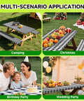Waterproof 6 Foot Table Cover With Bench Covers And Storage Bag Elastic Fitted Picnic Tablecloth For Outdoor Camping displayed in multi-scenario settings including camping, Christmas, birthday party, and wedding party.
