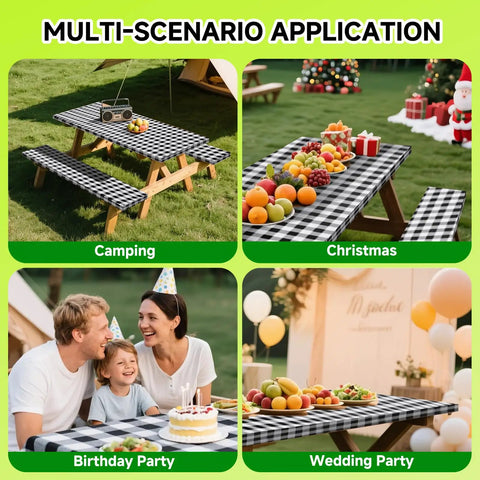 Waterproof 6 Foot Table Cover With Bench Covers And Storage Bag Elastic Fitted Picnic Tablecloth For Outdoor Camping displayed in multi-scenario settings including camping, Christmas, birthday party, and wedding party.