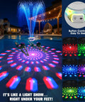 Cool 8000mAh Rechargeable Pool Fountain With Lights For Above Ground Pools floating with colorful LED lights at night