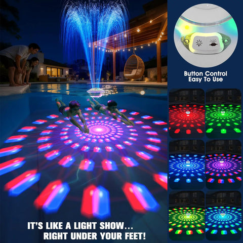Cool 8000mAh Rechargeable Pool Fountain With Lights For Above Ground Pools floating with colorful LED lights at night