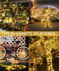 2 Pack Outdoor Solar String Lights With 33 Feet Copper Wire, 100 LED Warm White Fairy Lights illuminating various outdoor scenes