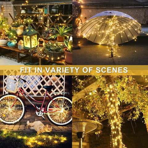 2 Pack Outdoor Solar String Lights With 33 Feet Copper Wire, 100 LED Warm White Fairy Lights illuminating various outdoor scenes