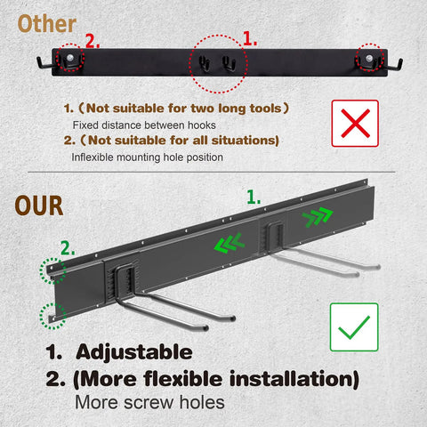 Comparison of adjustable and fixed hook positions on 96 Inch Garage Wall Organizer Heavy Duty 1200 Lbs Capacity With 12 Hooks Broom Holder.