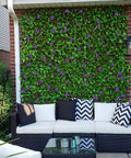 Expandable Faux Ivy Fence Privacy Screen For Balcony And Patio Outdoor Decor With Artificial Hedges Single Sided Leaves And Purple Flowers for quick dope setup on brick wall behind patio seating