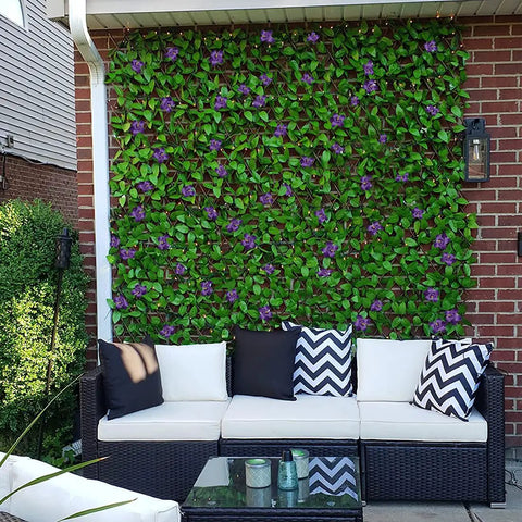 Expandable Faux Ivy Fence Privacy Screen For Balcony And Patio Outdoor Decor With Artificial Hedges Single Sided Leaves And Purple Flowers for quick dope setup on brick wall behind patio seating