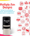 Self Inking Teacher Stamps For Quick Grading And Feedback Round Rubber Stamp showcasing multiple fun designs and messages
