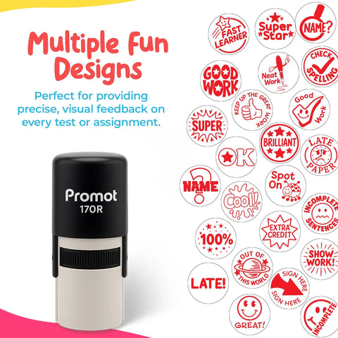 Self Inking Teacher Stamps For Quick Grading And Feedback Round Rubber Stamp showcasing multiple fun designs and messages