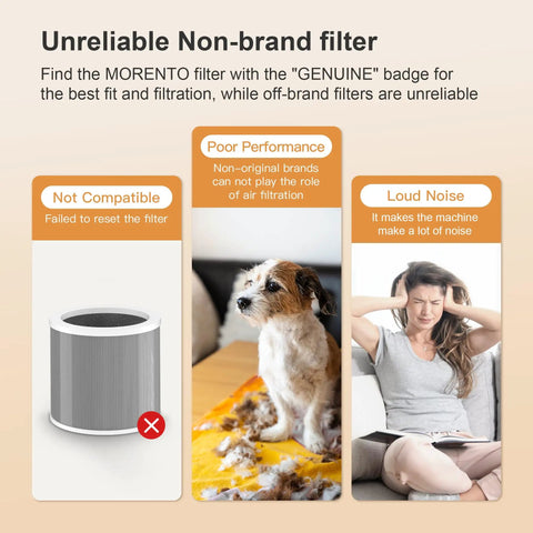 Comparison of non-brand air filter, dog with fur on couch, woman covering ears from noise