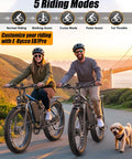 Adults riding 6000W Peak Dual Motor Fat Tire Electric Bike For Adults With 52V 32Ah Battery on a scenic road with dog