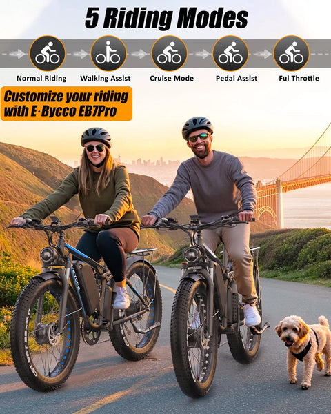 Adults riding 6000W Peak Dual Motor Fat Tire Electric Bike For Adults With 52V 32Ah Battery on a scenic road with dog