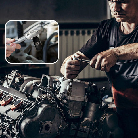 Mechanic using Heavy Duty Pro Grade Impact Socket Set One Half Inch Drive Deep Chromium Molybdenum 6 Point Axle Nut Sockets 30 31 32 33 34 35 36mm With Three Eighths Inch To One Half Inch Adapter And Universal Joint on engine