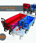 Extended Collapsible Folding Outdoor Utility Wagon With Large Capacity 46 Inch Long By 17.5 Inch Wide By 10.5 Inch High Quick Setup No Assembly Red and blue comparison showing open and folded views.
