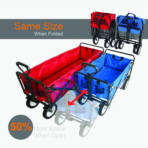 Extended Collapsible Folding Outdoor Utility Wagon With Large Capacity 46 Inch Long By 17.5 Inch Wide By 10.5 Inch High Quick Setup No Assembly Red and blue comparison showing open and folded views.