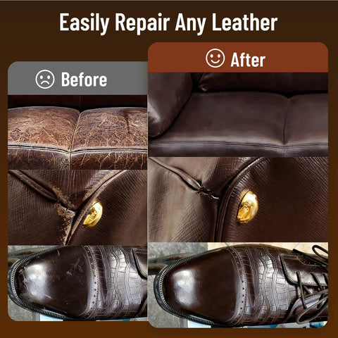 Black Leather Repair Kit For Furniture Sofas Jackets And Car Interiors That Restores Faux Leather And Vinyl Fixes Tears with Before and After photos.