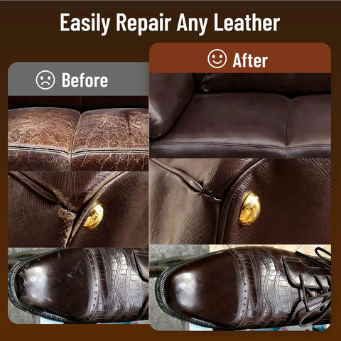 Dark Brown Leather Repair Kit For Furniture And Car Interiors Fixes Faux Leather And Vinyl Tears Scratches Holes Peeling No Sweat Do It Yourself Repair With All Tools showing before and after repair results on leather furniture and shoes