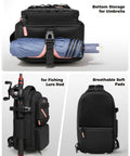Women's Fishing Sling Bag With Lure Rod Holder And Phone Pouch Waterproof 3600 Tackle Backpack shown with umbrella and gear slots