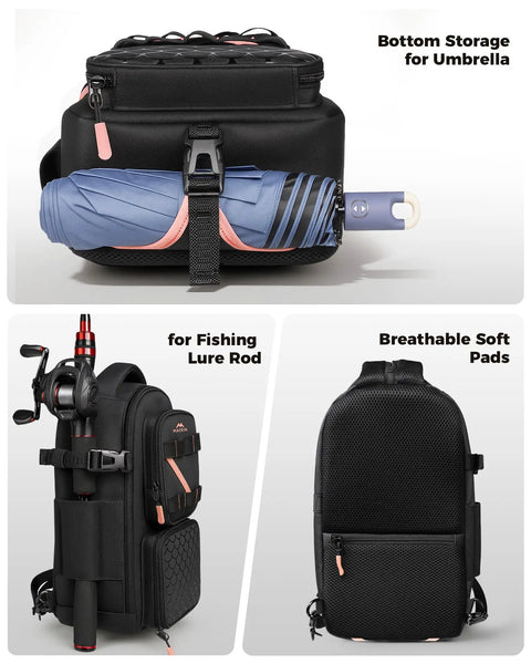 Women's Fishing Sling Bag With Lure Rod Holder And Phone Pouch Waterproof 3600 Tackle Backpack shown with umbrella and gear slots
