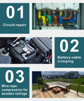 Collage of circuit repair, battery cable crimping, and wire rope compression for wooden railings in various settings.