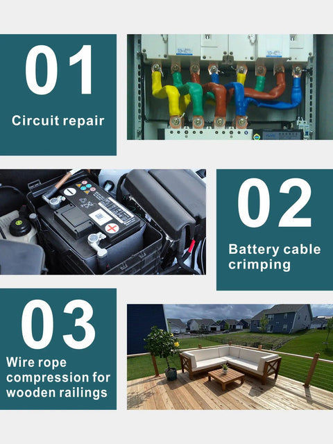 Collage of circuit repair, battery cable crimping, and wire rope compression for wooden railings in various settings.
