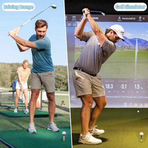 Men using unbreakable rubber golf tees for mats and practice tee holder at driving range and simulator, 6 sizes available