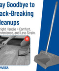 Workhorse Upright Dustpan With 30 Inch Aluminum Handle And Serrated Combing Lip For Straight Up Commercial Cleaning Zero Kneeling Required Locking Yoke Mechanism In Matte Gray next to person cleaning.