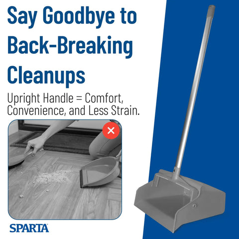 Workhorse Upright Dustpan With 30 Inch Aluminum Handle And Serrated Combing Lip For Straight Up Commercial Cleaning Zero Kneeling Required Locking Yoke Mechanism In Matte Gray next to person cleaning.