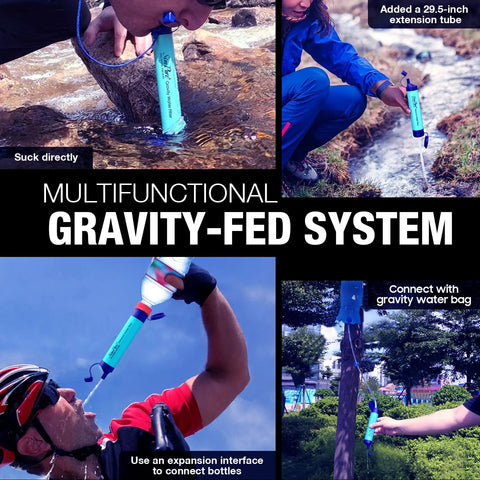 Gravity Water Filter Portable Purifier With 3L Bag And Tree Strap for camping showing multifunctional use outdoors.