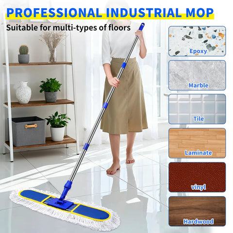 No Fuss Heavy Duty Commercial Dust Mop With 29.5 Inch Head And 61 Inch Handle Includes Two Washable Cotton Pads for cleaning tile floors.