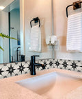 Modern bathroom sink with Talavera Tile Stickers 24 Pack Peel And Stick Wall Decals For Bathroom And Kitchen Easy Application Boho Chic Backsplash 4x4 Inch Star Tile Design Perfect For Tiles And Accent Walls applied on backsplash.