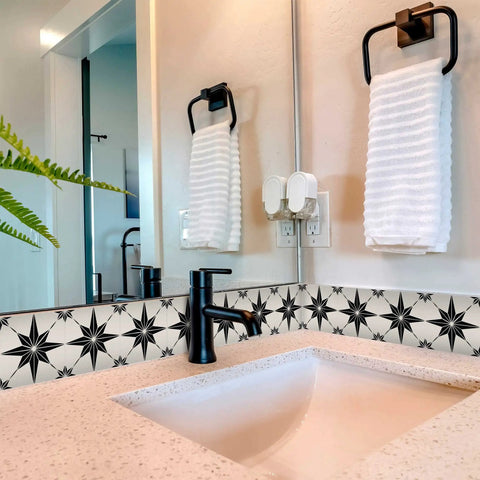 Modern bathroom sink with Talavera Tile Stickers 24 Pack Peel And Stick Wall Decals For Bathroom And Kitchen Easy Application Boho Chic Backsplash 4x4 Inch Star Tile Design Perfect For Tiles And Accent Walls applied on backsplash.