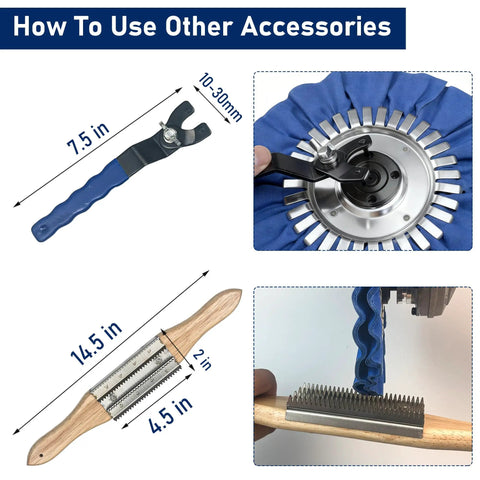 8 Inch Aluminum Polishing Wheel Kit Pro-Grade For Angle Grinders Flange-Free Install Five Eighths Inch Arbor 11 Piece Set With Polishing Compounds Wheel Rake And Adjustable Wrench For A Mirror Finish usage guide showing wrench and rake dimensions.