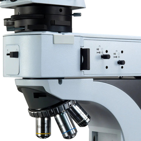 Digital Infinity Trinocular Polarizing Microscope With 50X To 1000X Magnification, High Eyepoint 22mm Eyepieces, Reticle Options, Plan Achromatic Objectives, Built For Labs, Classrooms, And Real Pros, side view of objective lenses and stage controls