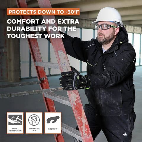 Worker using ladder wears Unisex Extreme Cold Weather Work Gloves With Insulation For Minus 30 Degrees Fahrenheit, Medium, Black