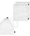3 Pack Mesh Ball Bags Set Nylon Drawstring Organizer Bags 10x11.5 Inches For Golf Balls Tennis Balls Ping Pong Balls Pickleball Gear Laundry And Dishwasher Safe Cord Lock Closure, showing three white bags with drawstrings on a white background