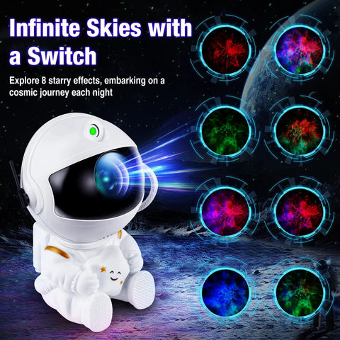 White Astronaut Star Projector Night Light For Kids Room with projections on screen showcasing various galaxy effects
