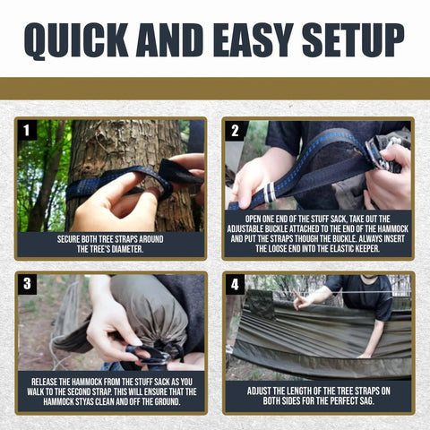 Quick setup guide for 11Ft Ultralight Camping Hammock With Mosquito Net And Ridgeline, Durable 500Lb Capacity, Lightweight 40D Ripstop Nylon