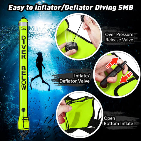 DSMB And Reel Set 5ft High Visibility Surface Marker Buoy with 100ft Dive Reel, inflation valves and yellow signaling gear