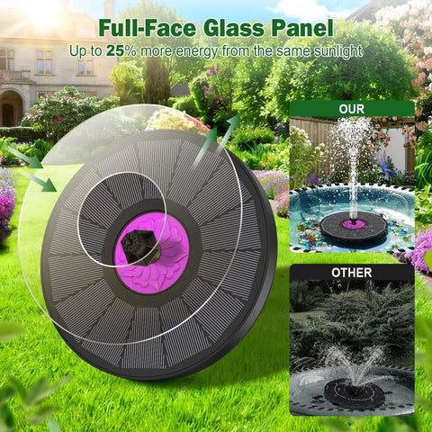 Powerful 3.5W Anti-Drift Solar Fountain For Bird Bath And Pond shown in garden setting, full-face glass panel, black design