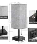Gray Bedside Lamp With Dual USB Ports USB C And USB A For Nightstand Or Small Desk, features dimensions and details on fabric, chain, and ports