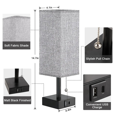 Gray Bedside Lamp With Dual USB Ports USB C And USB A For Nightstand Or Small Desk, features dimensions and details on fabric, chain, and ports