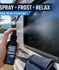 Hand holding 30ml glass frosting spray, applying anti-glare translucent agents for RV window privacy.