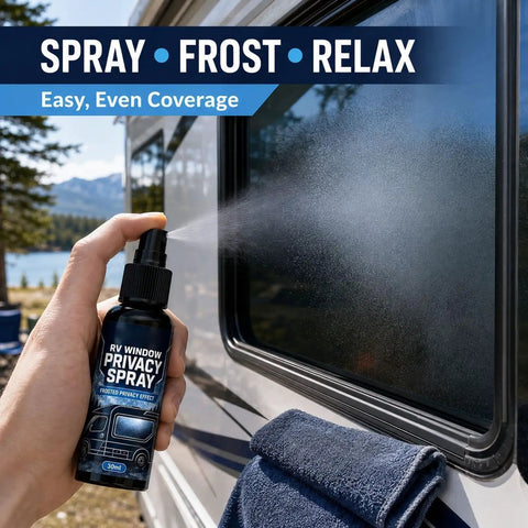 Hand holding 30ml glass frosting spray, applying anti-glare translucent agents for RV window privacy.