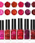 Six Vibrant Red Nail Polish Set With Wine Red Cherry Dark Red And Glitter Sparkle Finishes for glam vibes, bottles and color swatches.