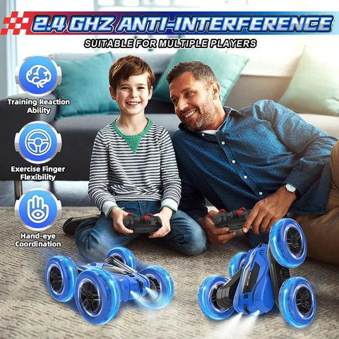 Father and son playing with Double Sided 360 Degree RC Stunt Car With 4WD Power 2.4GHz Remote Control, indoors on carpet.
