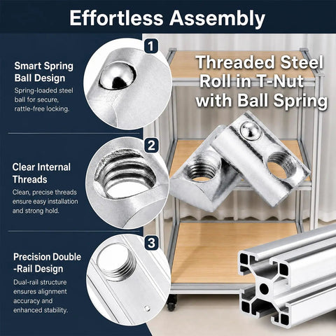 30 Piece M8 Spring T Nuts For 4040 Aluminum Extrusion Profiles showing threaded steel design with ball spring features.