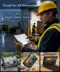 Heavy Duty 10.95 Inch Waterproof Rugged Tablet With A Built In 260 Lumen DLP Projector And Native 1080P Full HD Display used outdoors in rain.