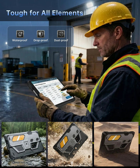 Heavy Duty 10.95 Inch Waterproof Rugged Tablet With A Built In 260 Lumen DLP Projector And Native 1080P Full HD Display used outdoors in rain.