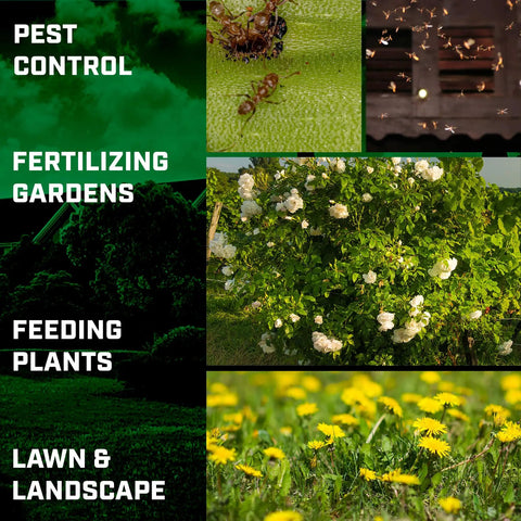 Collage of pest control, garden fertilizing, plant feeding, and lawn care images, highlighting uses for One Gallon Workhorse Sprayer.